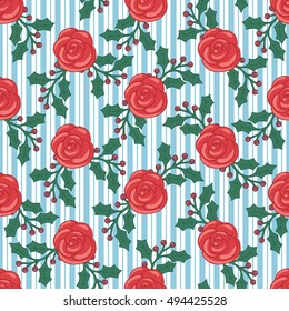 Roses pattern retro style, romantic background, blue lines
