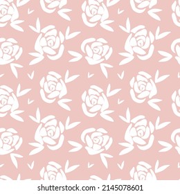 Roses pattern. Simple garden flowers silhouette. Seamless vector floral texture. White roses on pink background.
