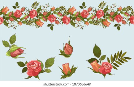 Roses pattern stripe and flower elements set to decorate your own design cards, banners, letters.