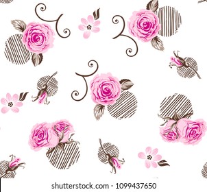 Roses pattern with striped polka elements Beautiful decorative flowers for textile pattern,fashion print