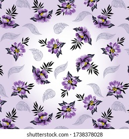 Roses pattern with tropical leaves on gradient background for textile print