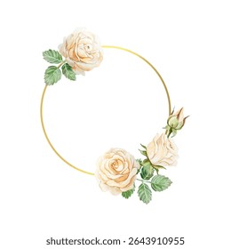 Roses peach and golden round frame, watercolor. Hand drawn vector illustration of pastel flowers. For birthday greeting cards, Valentines day, wedding invitations, summer banners, posters, labels.