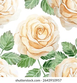 Roses peach seamless pattern, watercolor. Hand drawn vector illustration of pastel flowers. For greeting cards, wedding invitations, summer banners, textiles, wrapping paper, wallpapers, covers.