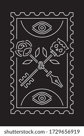 Roses and Pens white on black background line art vector design, symbol and element. Back to 80-90s style, modern trend design style. Bright signboard, night advertising. Vector illustration.