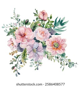 Roses, peonies, and anemones in soft pastel shades of pink, peach, lavender, green. Delicate watercolor style floral arrangement vector illustration.  The flowers are surrounded by lush foliage.