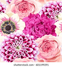 Roses, peonies and anemones vector seamless background
