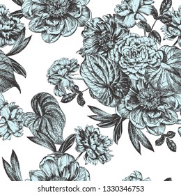 Roses, peonies and anthurium, engravig seamless pattern on white background. Vintage floral vector illustration, etching hand drawn clip art.