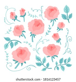Roses peonies cartoon set. Vector hand-drawn illustration isolated on white background. Colorful cute flowers in pastel palette for your design, invitations, wedding decoration, etc