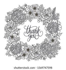 Roses and peonies flower bouquet wreath border hand drawn in lines. Thank you hand lettering card template. Black and white monochrome graphic doodle elements. Isolated vector illustration