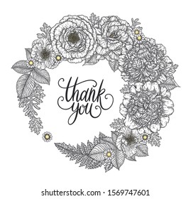 Roses and peonies flower bouquet wreath border hand drawn in lines. Thank you hand lettering card template. Black and white monochrome graphic doodle elements. Isolated vector illustration