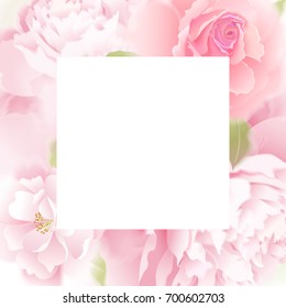 Roses and peonies. Flower frame. Vector. Garden flower hand drawing pastel. Realistic floral illustration - design template luxury packing, wrapping. Pink flowers and green leaves on white background.