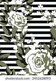  roses and peonies with leaves on the striped background. Vector seamless pattern. Romantic garden flowers illustration. Faded colors.