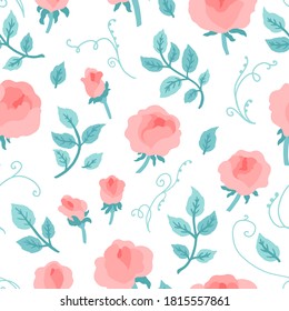Piedras peonías con hojas sin costura. Ilustración de vectores dibujada a mano aislada en fondo blanco. Flores coloridas adorables en paleta pastel para tu diseño, invitaciones, decoración de bodas, etc