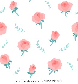 Roses peonies with leaves seamless pattern. Vector hand-drawn illustration isolated on white background. Colorful cute flowers in pastel palette for your design, invitations, wedding decoration, etc
