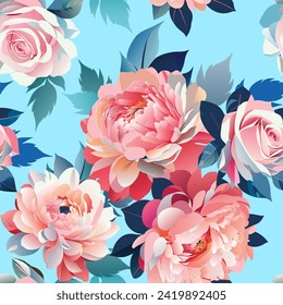 Roses and peonies with leaves seamless reversible pattern. Hand drawn vector flower abstract background. Fabric clothes vintage decorative print