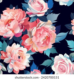 Roses and peonies with leaves seamless reversible pattern. Hand drawn vector flower abstract background. Fabric clothes vintage decorative print