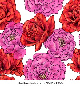 Roses and peonies on a white background.Vector seamless pattern