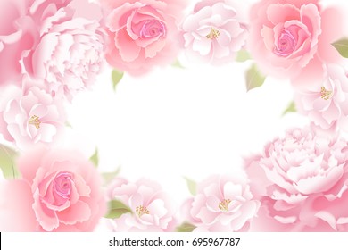 Roses and peonies. Vector card. Garden flower hand drawing pastel. Realistic floral illustration - design template luxury packing, wrapping paper. Pink flowers and green leaves on white background.