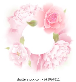 Roses and peonies. Vector card. Garden flower hand drawing pastel. Realistic floral illustration - design template luxury packing, wrapping paper. Pink flowers and green leaves on white background.