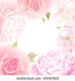 Roses and peonies. Vector card. Garden flower hand drawing pastel. Realistic floral illustration - design template luxury packing, wrapping paper. Pink flowers and green leaves on white background.