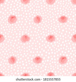 Las peonías de rosas con polka blanco dan fondo a un patrón sin fisuras. Ilustración vectorial moderna a mano sobre fondo blanco. Flores coloridas adorables en paleta pastel para tu diseño, invitaciones, etc