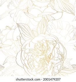 Roses peony. Floral vintage seamless pattern. Gold  flowers, leaves, branches on white background. Illustration art for textiles, paper design.