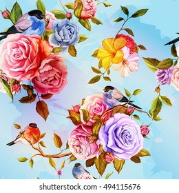 Roses, peony with leaves  and bird on blue. Watercolor. Seamless background pattern. Vector - stock.