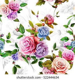 Roses, peony with leaves and chamomile with cornflowers on white background. Watercolor.  Seamless background pattern. Vector - stock