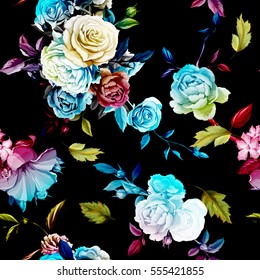 Roses and peony with leaves on black. Stylized. Watercolor, hand drawn. Seamless background pattern. Vector - stock.