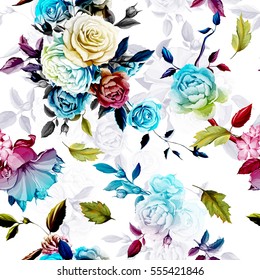 Roses and peony with leaves on white. Stylized. Watercolor, hand drawn. Seamless background pattern. Vector - stock.