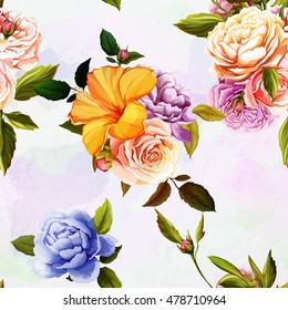 Roses and peony with leaves. Watercolor, hand drawn. Seamless background pattern. Vector - stock.