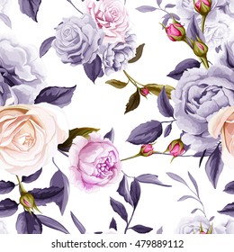 Roses and peony with leaves. Watercolor, hand drawn. Seamless background pattern. Vector - stock.