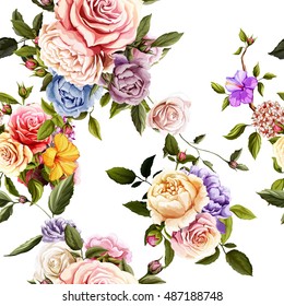 Roses and peony with leaves. Watercolor, hand drawn. Seamless background pattern. Vector - stock.