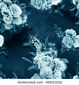 Roses and peony with leaves. Watercolor, hand drawn. Seamless background pattern. Vector - stock.