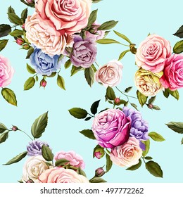 Roses and peony with leaves. Watercolor, hand drawn. Seamless background pattern. Vector - stock.