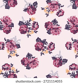 Rosen und Pfingstrosenmuster Blumenstrauß. Opulente botanische Illustration im modernen Stil. Blumenstrauß. Modischer Hintergrund für Stoff, Textil, Tapete und Verpackung.