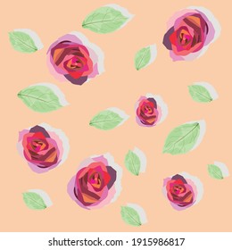 Roses and petals. Roses. Petals. Green petals. Leaves. Petals with shadow. Flowers. Pattern. Multi-colored. Vector illustration. Background.