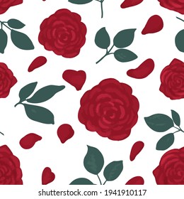 Roses and petals on a white background. Seamless pattern . Vector illustration