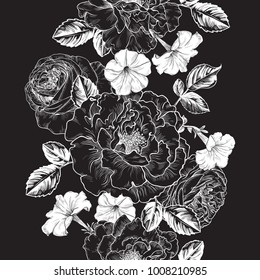 Roses and petunias.Vector seamless floral pattern in black and white tones. Vintage style. Border.