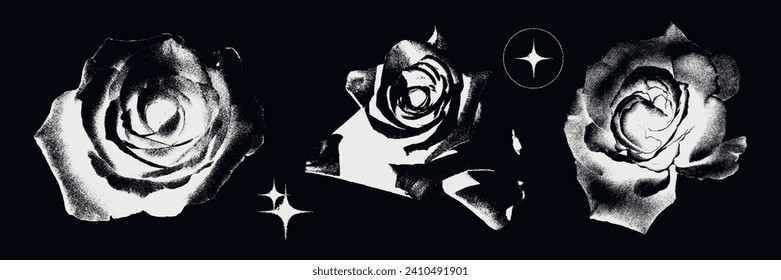 Roses photocopy effect negative elements set. Flower heads with grunge stippling grain messy texture. Trendy y2k aesthetic vector illustration. Ideal for poster design, t shirt, tee print, sweatshirt