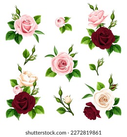 Roses. Pink, burgundy, and white rose flowers. Set of floral decorative elements isolated on a white background. Vector illustration