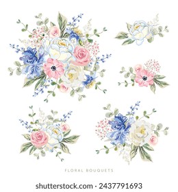 Roses, pink ranunculus, light blue clematis flowers, green leaves bouquets, white background. Set of the floral arrangements. Vector illustration. Romantic garden. Summer nature. Wedding design