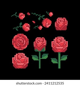 Roses pixel art 80s style beautiful flowers icons set.  Design for stickers, logo shop, embroidery, mobile app. Red rose icon isolated vector illustration. 8-bit.