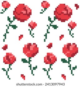 Roses pixel art style moda sin fisuras texturas de tela de patrones románticos, ilustración vectorial de píxeles de arte. Diseño para el día de la mujer, tarjeta de saludo, web y aplicación móvil.