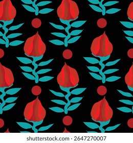 roses and polka dots on black background seamless pattern. red rose buds with red polka dots on black background seamless pattern. It is good for fabric, tiles, textile, decoration, wrapping and more.