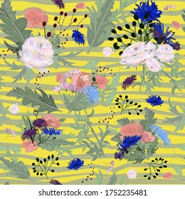 Roses, poppies cornflowers, cherry buds, blue stripes on a yellow background, vector pattern, suitable for fabric, textile, paper, napkins.
