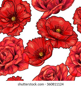 Rosas y amapolas sobre un fondo blanco. Patrón sin fisuras de Vector 