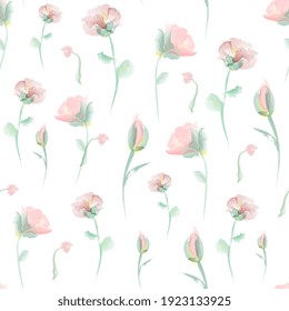 roses, poppies seamless pattern. vector imitation of watercolor, hand drawing. Delicate floral background.