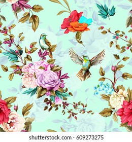 Roses, poppy, wild flowers, nightingale birds, lily of the valley, cornflower with leaves on pastel flower background. Seamless pattern. Watercolor, hand drawn, vector - stock.