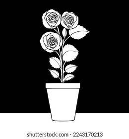 Roses in a pot on the windowsill, continuous line vector